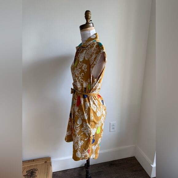 ANTHROPOLOGIE MAEVE TONIGHT TUNIC DRESS MUSTARD COTTON FLORAL BELTED XS - Picture 6 of 10
